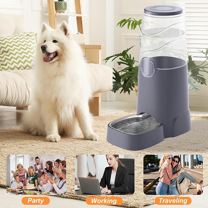 8L Automatic Pet Waterer,Gravity Stainless Steel Water Feeder,Gravity Pet Water Dispenser,Large Capacity Waterer with Stainless Steel Bowl for Medium and Large-Sized Cats and Dogs(8L,Grey)