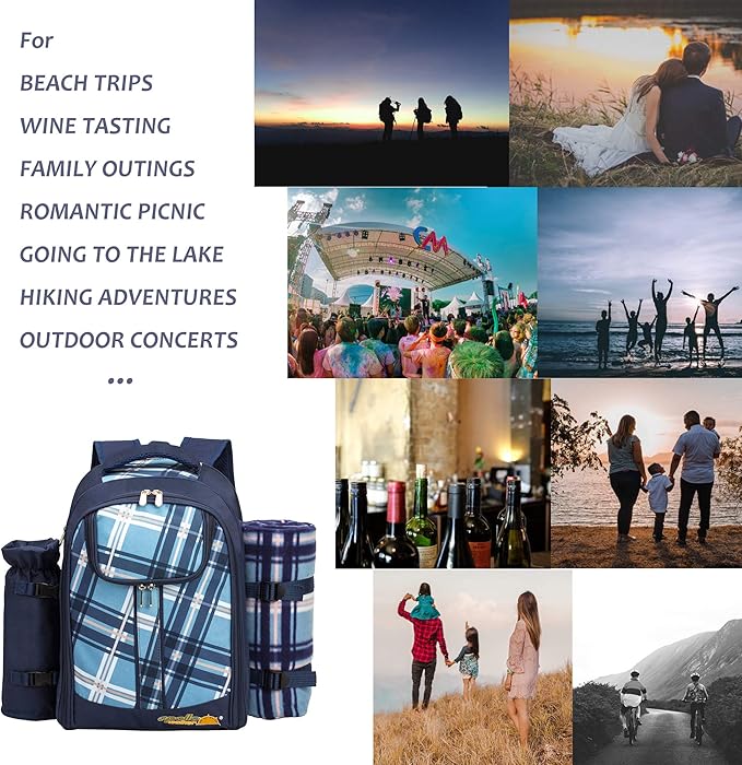 Apollo walker Picnic Backpack Set for 4 with Cooler Compartment,Detachable Bottle/Wine Holder Including Large Picnic Blanket(45"x 53") for Picnic Family and Lovers Gifts,Outdoor,BBQ Time (Blue)