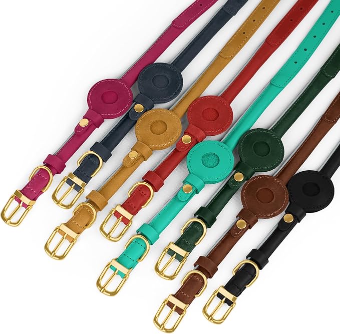OOPSDOGGY Rolled Leather Dog Collar with Airtag Holder - Reflective Round Airtag Dog Collar - Soft Tracking Pet Collar for Small Dogs Puppy Cats Kitten (Camel, L, 14"-18")