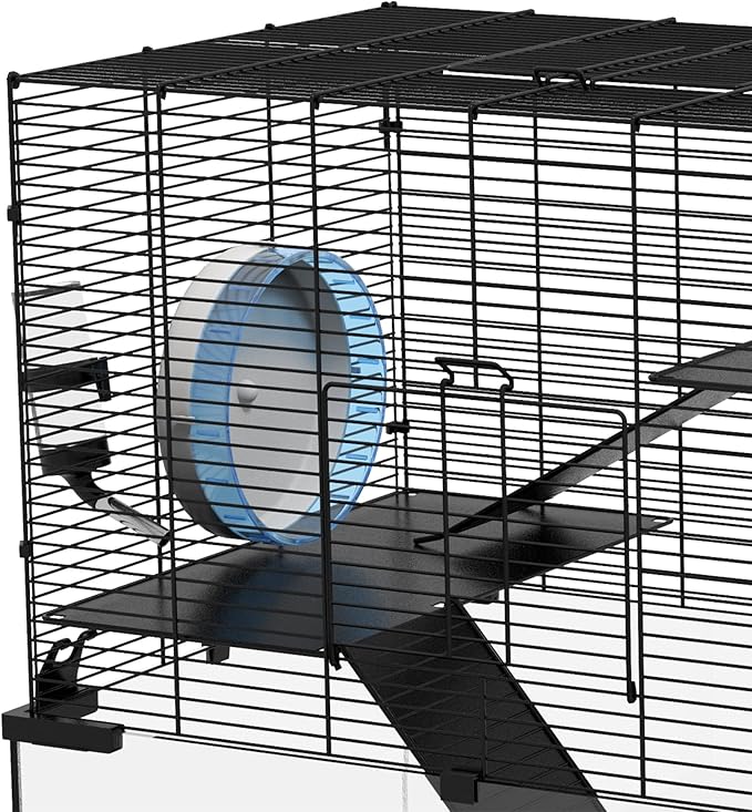 PawHut Large Hamster Cage with Deep Tempered Glass Bottom, 3 Tiers Hamster Tank with Running Wheel, Hut, Water Bottle, Dish, Rat Cage for Syrian, Dwarf, Gerbils, Mouse, 23.5" x 16" x 22.5", Black