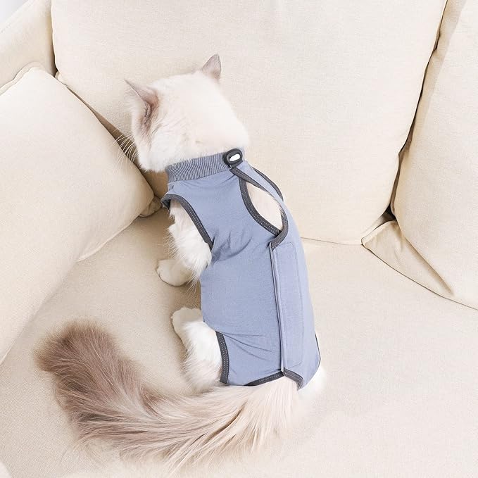 Cat Surgery Recovery Suit Cat Onesie for Cats After Surgery Spay Surgical Abdominal Wound Skin Diseases E-Collar Alternative Wear (Grey-Blue-L)