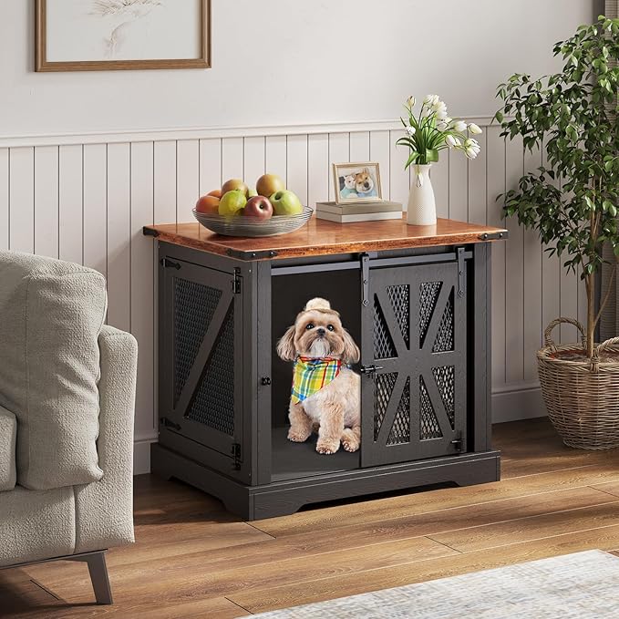 VOPEAK 27.5" Small Dog Crate Furniture, Chew Resistant Dog Crate for Puppy Dogs, Heavy Duty Small Dog Crate Dog Kennel Indoor with Double Doors, Wooden End Table for Bedroom Living Room, Black
