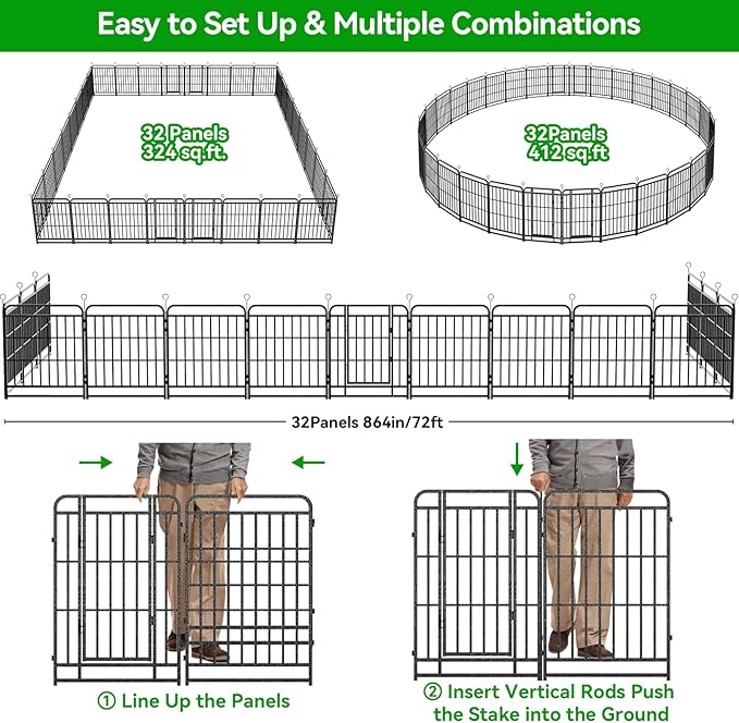 Dog Playpen Outdoor 32 Panels Heavy Duty Dog Fence 47" Height with Thick Pipe Anti-Rust with Doors Portable for RV Camping Yard, Total 71FT, 406 Sq.ft, Snowy Black