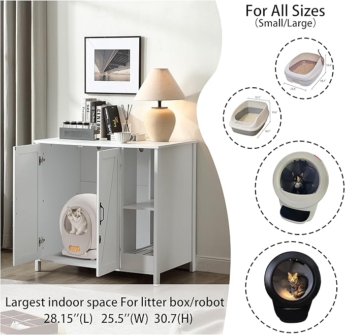 Cat Litter Robot Enclosure,for Placing Litter Robot 3/4,Power Outlet and Dog-Proof Shelf for Litter Robot Cabinet,Litter Collector for Automatic Litter Box Enclosure,Cloud White
