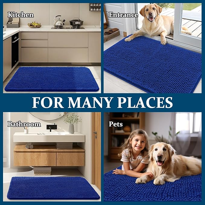 OLANLY Dog Door Mat for Muddy Paws 59x24, Absorbs Moisture and Dirt, Absorbent Non-Slip Washable Doormat, Quick Dry Chenille Mud Mat for Dogs, Entry Indoor Entryway Carpet for Inside Floor, Royal Blue
