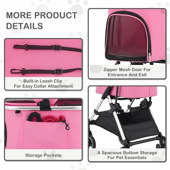 MoNiBloom Pet Stroller for Small/Medium Dogs w/Detachable Carrier & Lightweight Aluminum Frame, Folding Jogging Travel Stroller, Pink