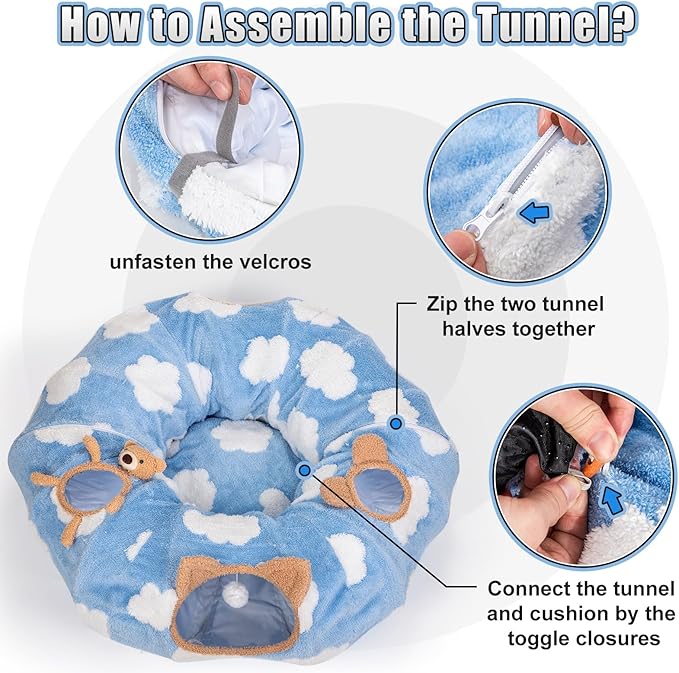 Cat Tunnel Bed, Cat Tunnels for Indoor Cats with Washable Circle Cushion, Multifunctional Peekaboo Cat Cave Donut Tubes Tunnel for Cat Kitty Kitten Puppy Rabbit Ferret (Sky Blue)