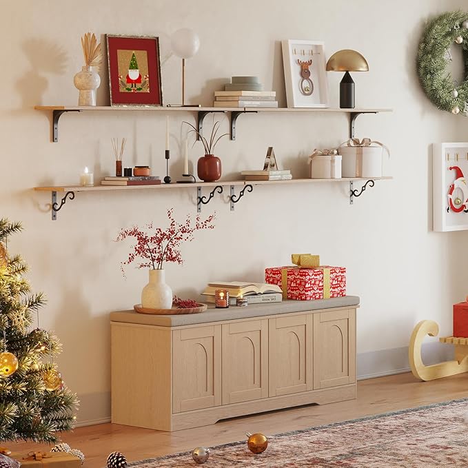 DINZI LVJ Shoe Bench, Entryway Storage Bench with Doors, Cushion, 2-Tier Shoe Rack with 8-Cubby, 47.2”L x 13.8”W Shoe Organizer Cabinet, Adjustable Shelf, Living Room, Bedroom Natural