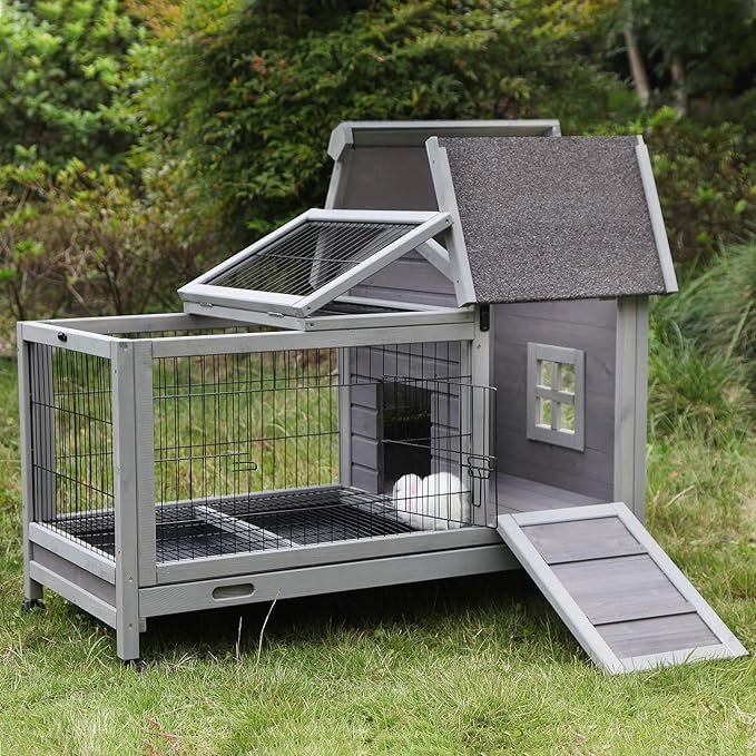 Indoor Rabbit Hutch Bunny Cage with 4 Casters, Bunny Hutch -Removable Wire Grate