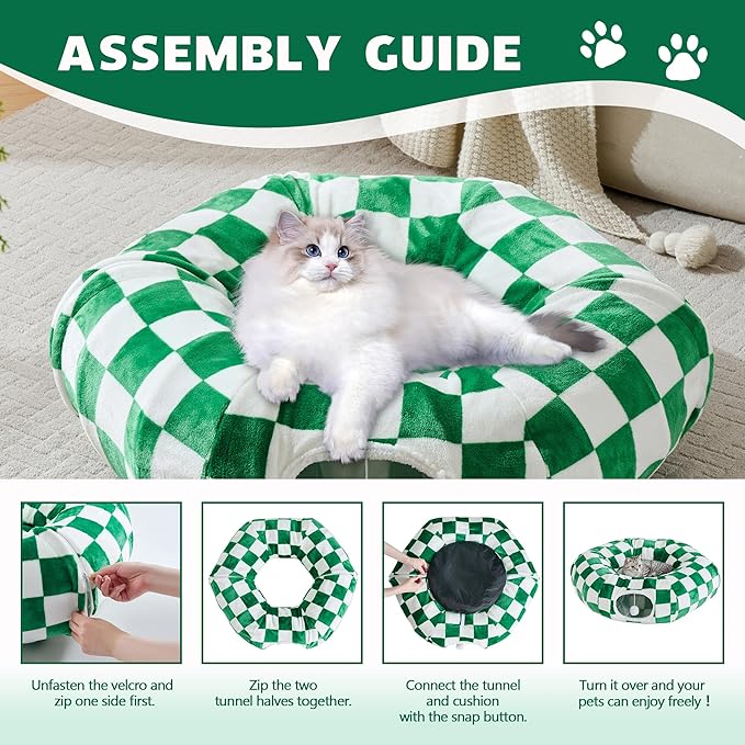 Cat Tunnel for Indoor Cats, Cute Peekaboo Cat Cave with Dangling Balls, Checkered Pet Donut Tunnel Bed with Circle Mat for Puppy Kitten Rabbit, Green/White