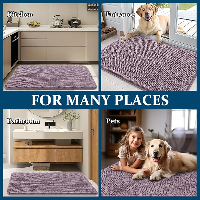 OLANLY Dog Door Mat for Muddy Paws 47x17, Absorbs Moisture and Dirt, Absorbent Non-Slip Washable Doormat, Quick Dry Chenille Mud Mat for Dogs, Entry Indoor Entryway Carpet for Inside Floor, Deep Plum