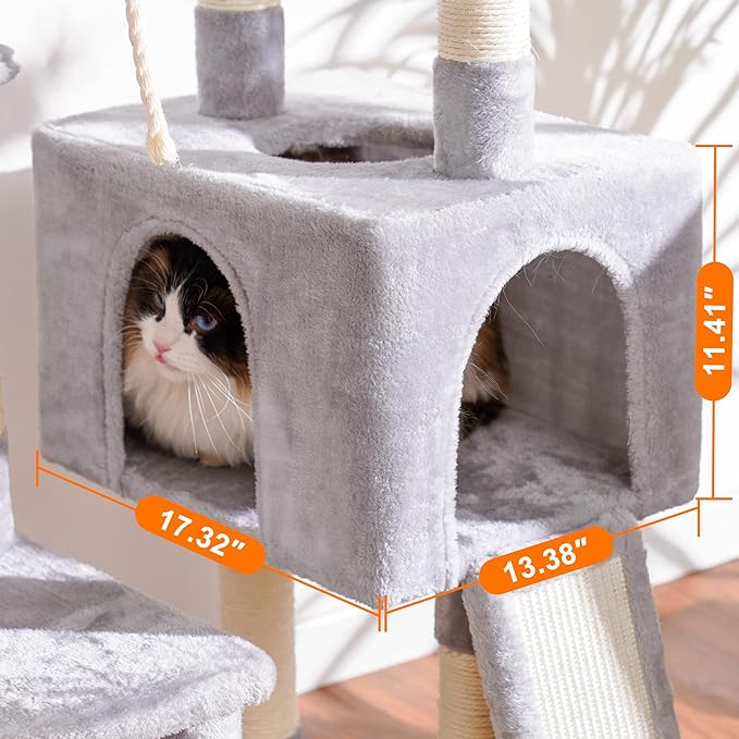 Heybly Cat Tree, Cat Tower for Indoor Cats with Scratching Board, Multi-Level Cat Furniture Condo with Feeding Bowl, Light Gray HCT010MW