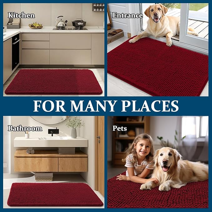 OLANLY Dog Door Mat for Muddy Paws 30x17, Absorbs Moisture and Dirt, Absorbent Non-Slip Washable Doormat, Quick Dry Chenille Mud Mat for Dogs, Entry Indoor Entryway Carpet for Inside Floor, Red
