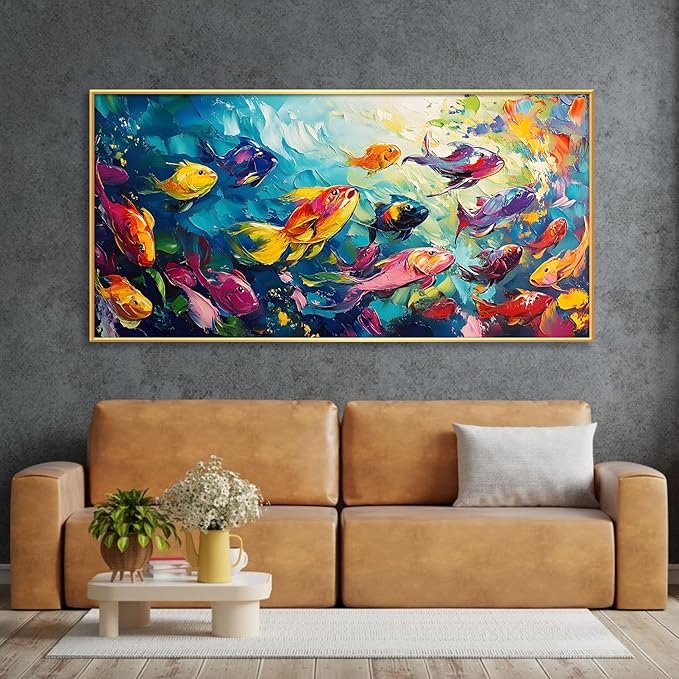 School of Fish Printed Canvas Wall Art – Framed Abstract Ocean Print – Vibrant Fish Wall Decor for Living Room, Bedroom, Office (Black Framed, 47"x23"|120x60cm)