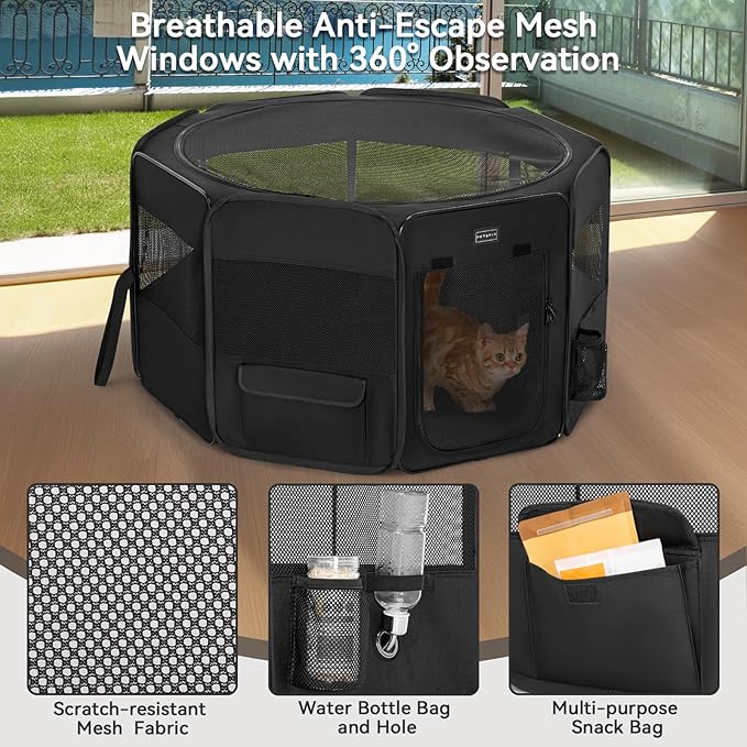 PETSFIT 29" Puppy Playpen with Removable Waterproof Mat & Zippered Roof | RV, Camping, Travel Dog Pen | Indoor/Outdoor Whelping & Cat Observation Space(29.5"x29.5"x16.5"H)