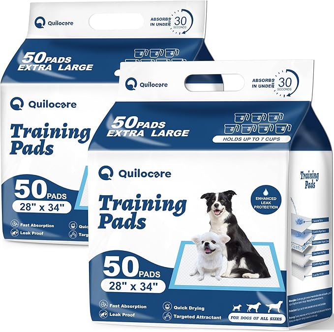 Quilocare 100 Count 28” x 34” XXL Puppy Pads, Super Absorbent Leakproof Extra Large Pee Pads for Dogs, Disposable Dog Training Pads