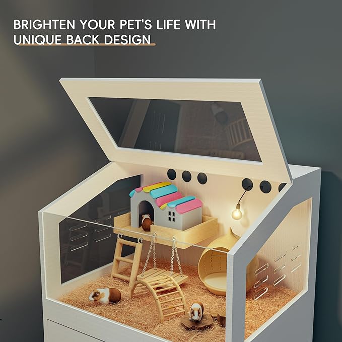 Hamster Cage with Storage Cabinet, Guinea Pig Cage for Small Animals, Large Hamster Cage and Habitat with Easy View Acrylic Panels for Hamster, Rabbit, Guinea Pig, Hedgehog (24"x19"x40")