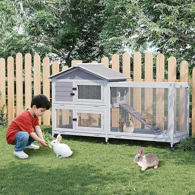 Rabbit Hutch 2-Tier, Small Wooden Chicken Coop with Wheels for Outdoor Use - Weatherproof Small Animal Hutch with Non-Slip Ramp, 4 Access Doors & Removable Tray for Rabbits, Guinea Pigs, Ferrets
