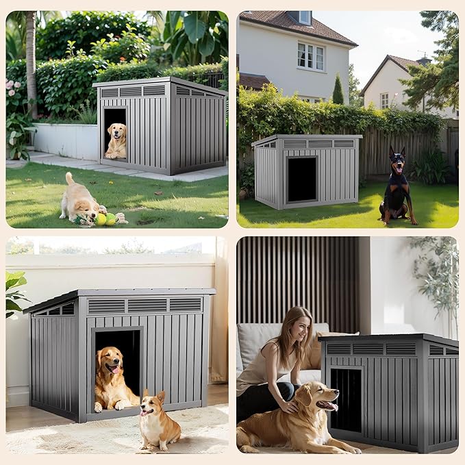 VIXZEN Dog House Indoor Outdoor,Waterproof Dog House for Small to Large Dogs,Doghouse with Air Vents and Elevated Floor,Openable at The Top,Easy to Assemble and Clean,Gray,42.87"×32.95"×31.61"