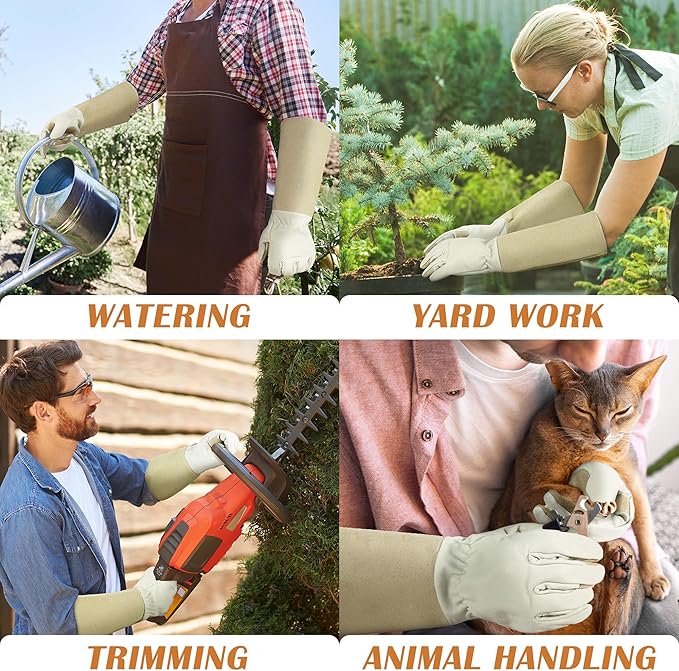 HANDLANDY Pruning Gloves Long for Men & Women, Pigskin Leather Rose Gardening Gloves- Breathable & Durability Gauntlet Glove (Small, Beige)