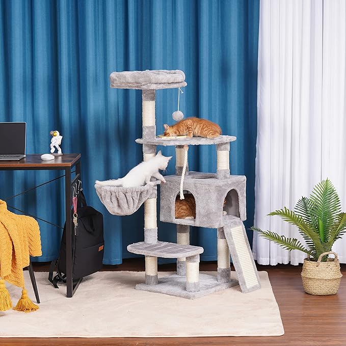 Heybly Cat Tree, Cat Tower for Indoor Cats with Scratching Board, Multi-Level Cat Furniture Condo with Feeding Bowl, Light Gray HCT010W