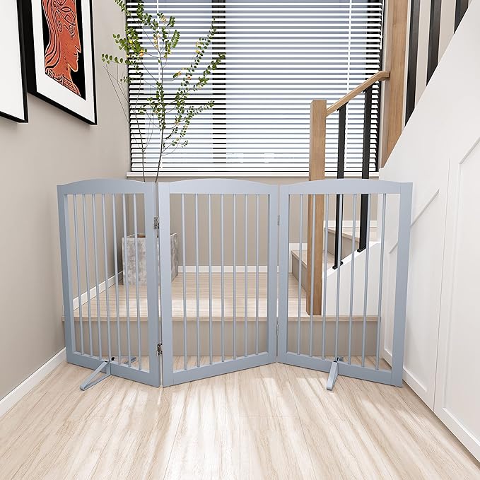 Freestanding Pet Gate for Dogs, Foldable Wooden Dog Gate for House Indoor, Tall Pet Fence for Stair, Doorway,Hall, Support Feet Included, 3 Panels 32",Grey