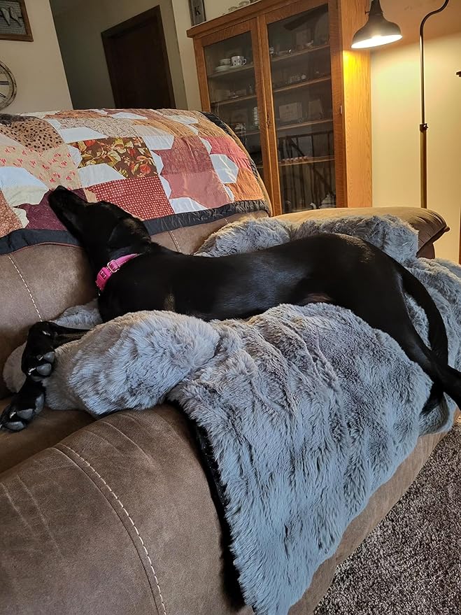 FUNNY FUZZY Pet Fluffy Plush Calming Dog Couch Bed Sofa Protector Washable Pets Mat for Large Medium Small Dogs and Cats (Grey,47.24 × 37.4 × 6.3 in)