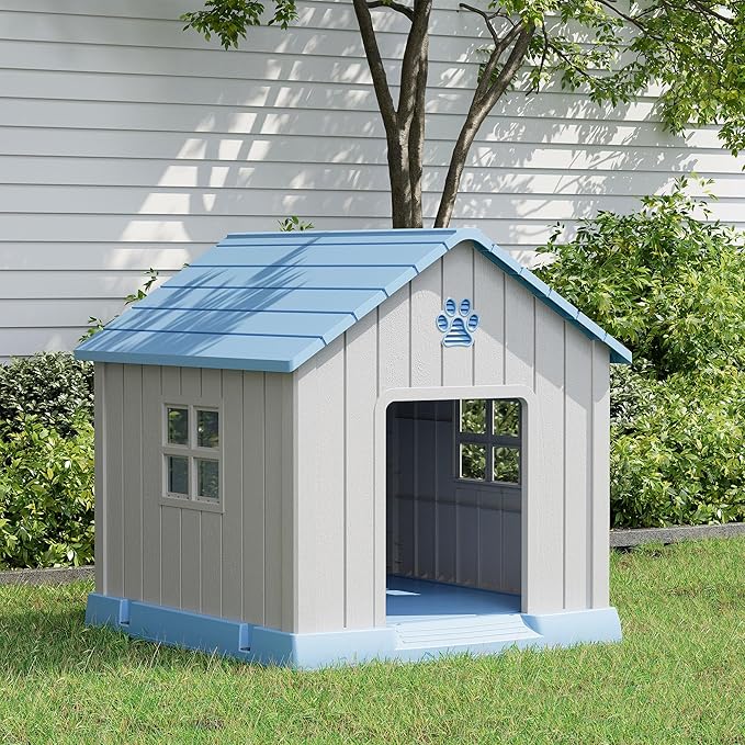Large Dog House Outdoor Indoor for Medium Large Dogs, Durable Plastic Waterproof Doghouse with Air Vents and Elevated Floor, Easy Clean and Assemble (Blue, 31" L x 33.3" W x 33.5" H)