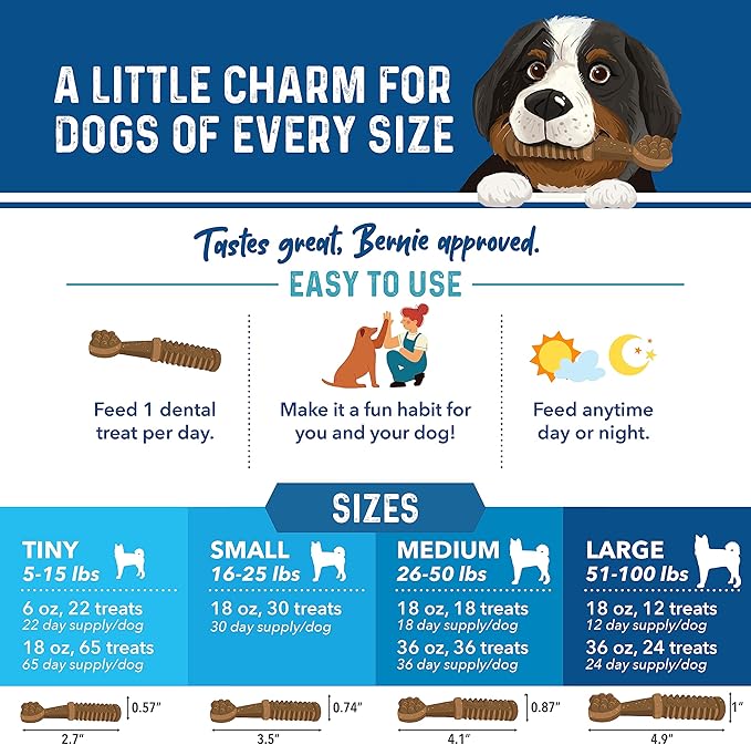 Bernie's Charming Chompers - Daily Dental Chews for Dogs 26-50 Lbs. - 36 Count - Cleans Teeth, Freshens Breath, + Boosts Oral-Gut Microbiome. Easy to Digest, Supports Healthy Digestion Naturally