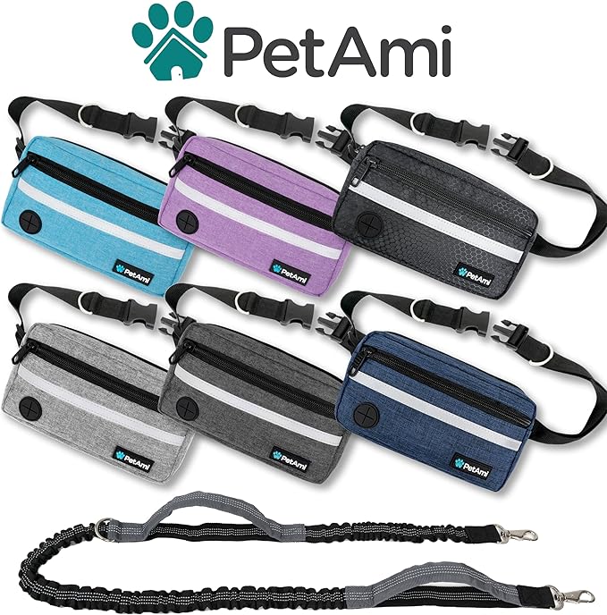 PetAmi Hands Free Dog Leash, Dog Running Leash Belt for Walking Jogging, Dog Waist Zipper Pouch Fanny Pack with Poop Bag Dispenser, Dual Padded Handle Bungee Leash for Small Medium Large Dogs, Single