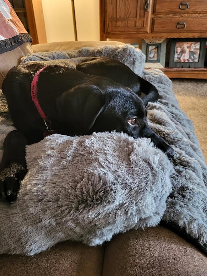 FUNNY FUZZY Pet Fluffy Fuzzy Calming Dog Couch Bed Sofa Protector Washable Pets Mat for Large Medium Small Dogs and Cats (Grey,37.4 × 33.46 × 6.3 in)