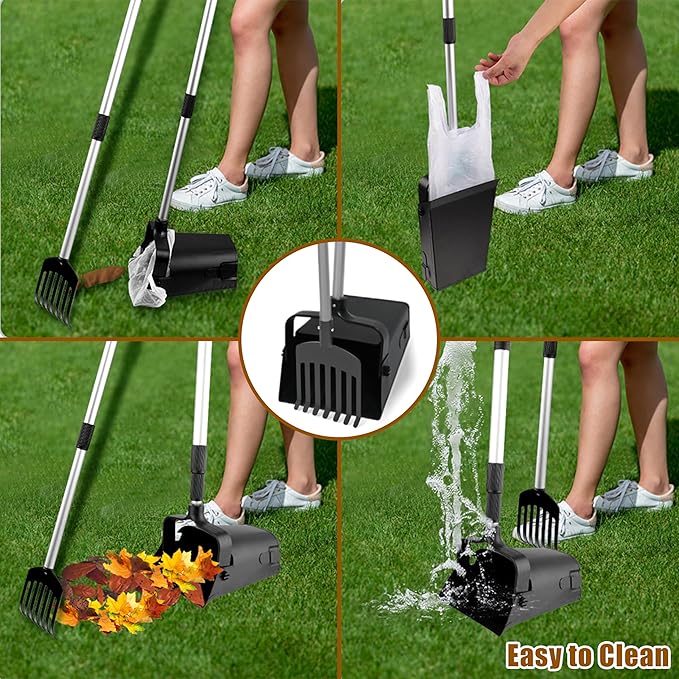 Pooper Scooper Metal 38" Long Adjustable Handle Swivel Bin & Rake for Large & Small Dogs Non-Breakable Dog Poop Scooper Easy to Clean Pet Waste Use on Grass, with 20 Waste Bags