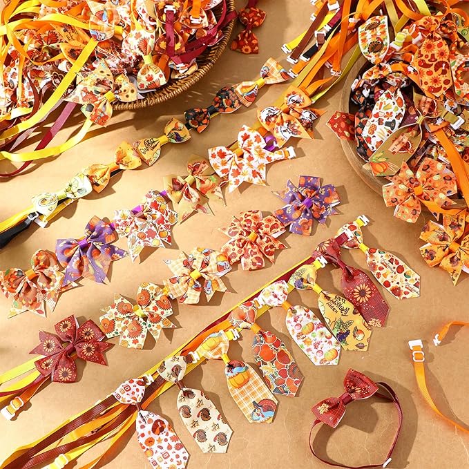 Talltalk 360 Pcs Halloween Dog Bow Ties Collars Set Adjustable Thanksgiving Christmas Fall Xmas Dogs Neckties Grooming Accessories for Small Medium Large Pet Cat Decoration(Thanksgiving)