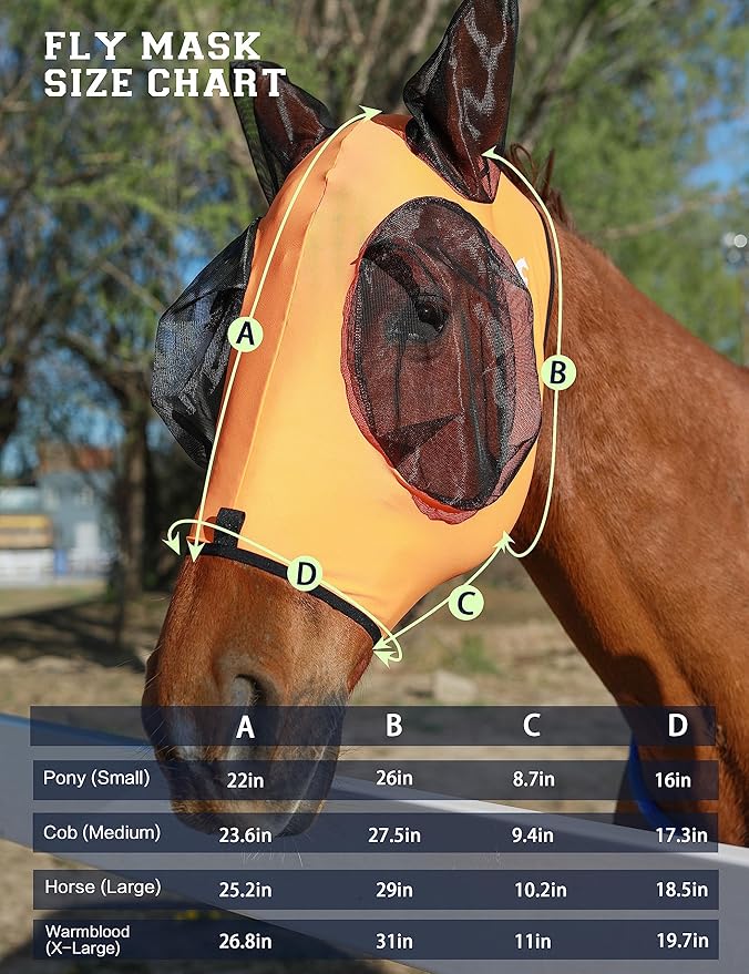 Horse Fly Mask with Ears, UV Protection Mask for Horses, Elasticity Mask with Big Mesh Eye Covers, Snug Fitting Comfortable Breathable Lightweight Red Orange Full Size
