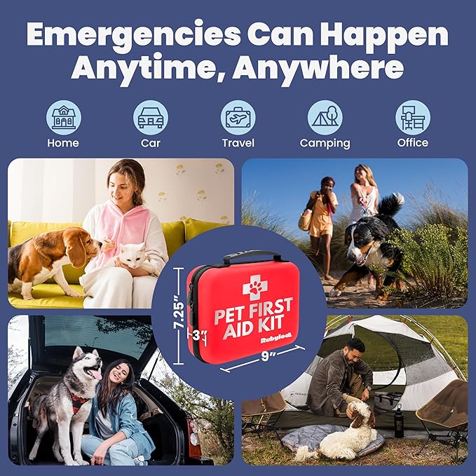 Dog First Aid Kit - Vet Approved Pet First Aid Supplies to Treat Dogs & Cats in an Emergency - Pet First Aid Kit Guide, Tick Remover, Slip Leash & Medical Essentials for Home, Camping, Car, RV, Travel