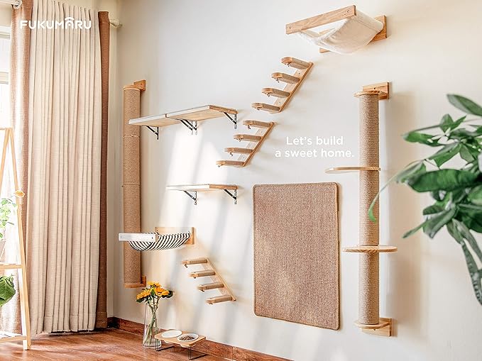 FUKUMARU Cat Hammock Wall Mounted, Kitty Beds and Perches, Wooden Cats Furniture, Stable Wall Shelves for Sleeping, Playing, Climbing, and Lounging
