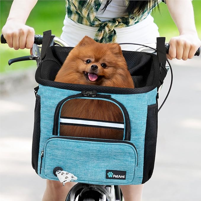 PetAmi Dog Bike Basket, Soft-Sided Ventilated Dog Bike Carrier Backpack, Pet Bicycle Basket for Bike Handlebar, Small Medium Puppy Cat Kitten Car Booster Seat with Safety Strap, Max 18 lbs, Blue