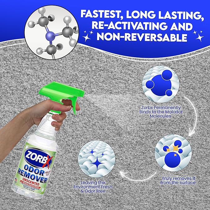 ZORBX Unscented Odor Eliminator for Strong Odor 16 Fl Oz - Used in Hospitals & Healthcare Facilities - Advanced Trusted Formula, Fast-Acting Odor Remover Spray for Dog, Cat, House & Carpet