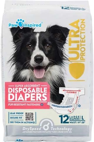 Paw Inspired Disposable Dog Diapers | Female Dog Diapers Ultra Protection | Diapers for Dogs in Heat, Excitable Urination, or Incontinence (12&144 Count) (Large (12 Count))