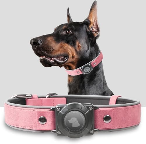 AirTag Dog Collar - Leather Dog Collar with Air Tag Holder | IPX8 Waterproof, Reflective, High - End, Adjustable Soft Padded | Dog GPS Tracker Collars Fit for Medium Large Dogs (Rose, XL)