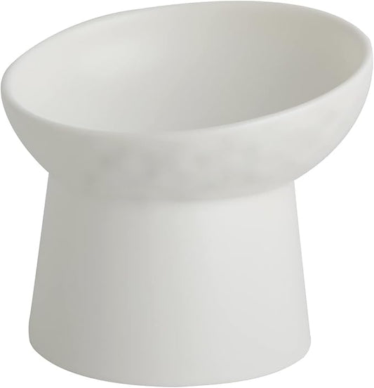 Small Ceramic Raised Cat Bowls, Tilted Elevated Food or Water Bowls, Stress Free, Backflow Prevention, Dishwasher and Microwave Safe, Lead & Cadmium Free(White)