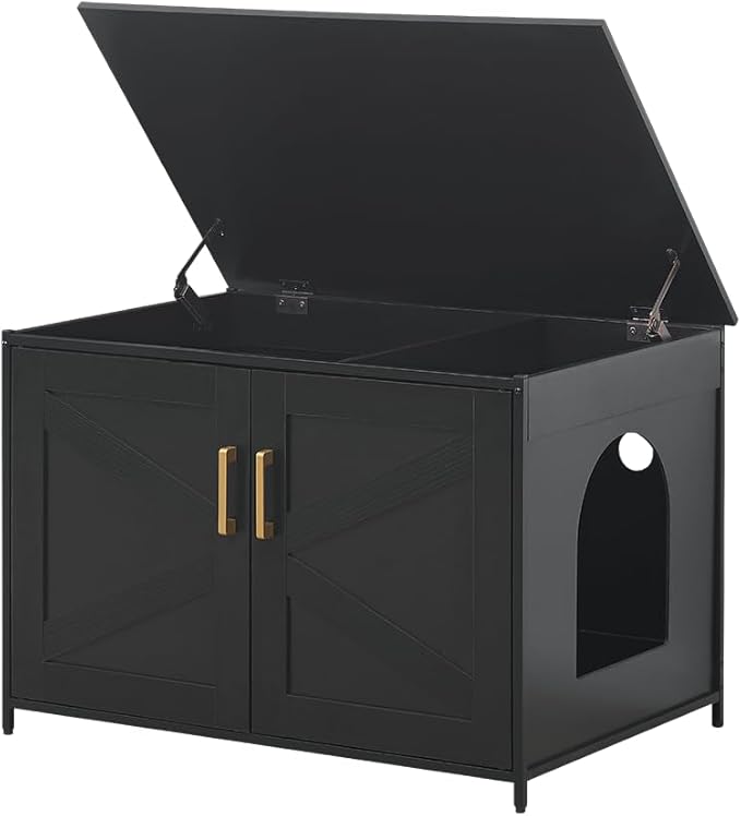 unipaws Black Top Opening Cat Litter Box Enclosure, Flip Top XL Extra Large Cat Box Furniture, Friendly to Elderly People, High Jumbo Automatic Litter Box Cover Hidden for Large Cat