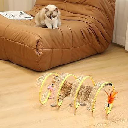 2Pcs Folded Cat Tunnel Toy for Indoor Cats,Collapsible Pet Spring Cat Toys with Feather Mouse Upgrade Interactive Toy Playing Tent for Puppy Kitten Accessories Home Self-Happy Cat Toys (Yellow)