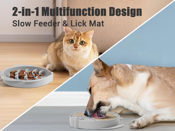 Coomazy 2-in-1 Silicone Slow Feeder Dog Cat Bowls, Interactive Puzzle Toy for Pets Dry/Wet Food Training, Keeps Dogs Cats Busy, Prevents Puppy Kitty Overeating (Smoky Gray, 1.2 Cup)