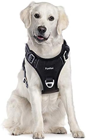 Funfox Dog Harness No Pull, Adjustable Dog Vest Harness Super Soft, 2 Leash Clips Anti Pull, Vertical Handle Easy to Control, Reflective Night Walking for Large Breed, Black, L