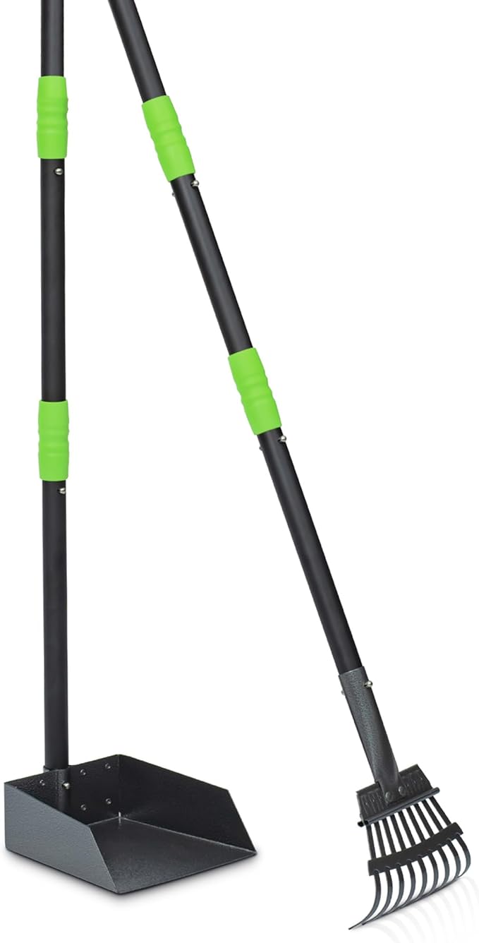 Niubya Pooper Scooper for Dogs, Metal Poop Scooper Tray and Rake Set with Adjustable Long Handle, Dog Pooper Scooper for Pet Waste Removal