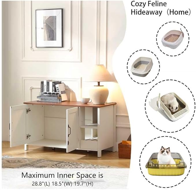 41.3'' Cat Litter Enclosure,Adjustable Shelf for Dog Proof and Storage,Locks Added for Cat, Litter Collector,Small Indoor Cat House,Antique White