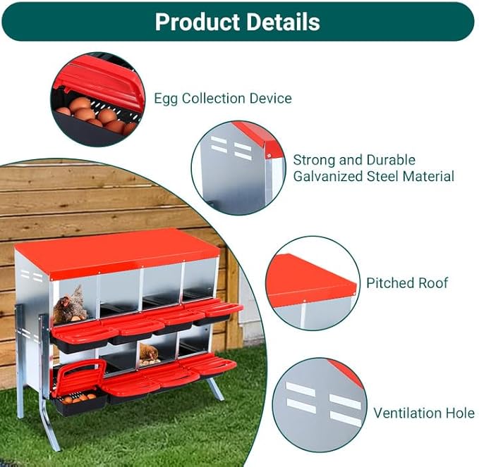 Nesting Boxes for Chickens, Chickens Laying Boxes for Chicken Coop with Legs, 8 Compartments Chicken Nesting Boxes, with Removable Tray, Easy Cleaning, for Hens Outdoor Chicken Coop Farm Yard, Red