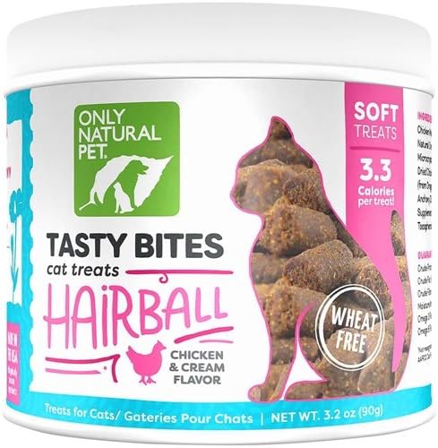 Only Natural Pet Hairball Care - Healthy Skin and Coat Support - Soft Chews for Cats – Digestive Supplement with Flaxseed, Psyllium Husk and Corn Silk – Chicken and Liver Flavor – 60 Count