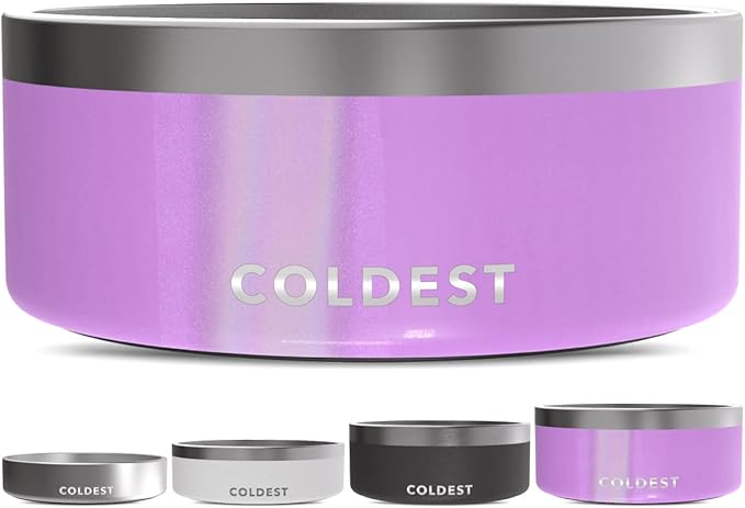 Coldest Dog Bowl - Anti Rust Metal, Non Slip, 3 Layers Insulated Stainless Steel Dog Bowls - Spill Proof & Heavy Duty - Water Bowl for Dogs, Cats, Dish Washer Safe (100 oz, Saturns Purple Glitter)